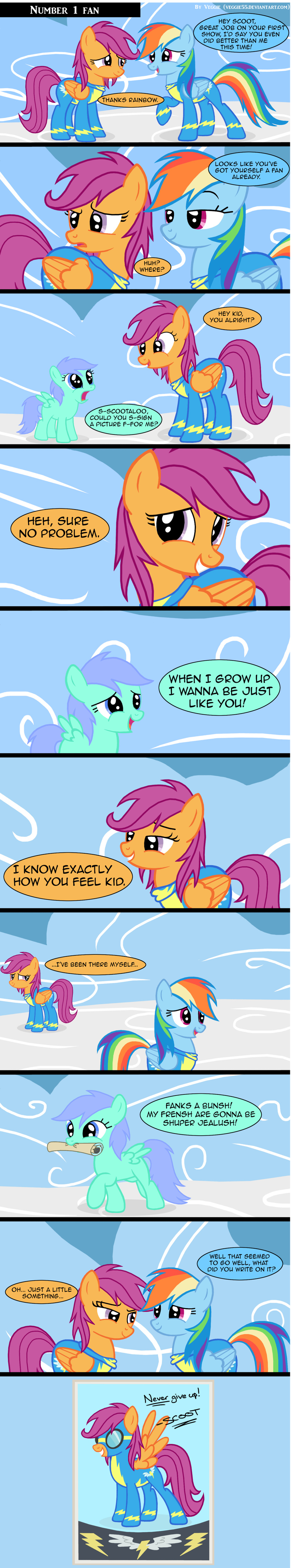 adult bodysuit comic cub dialog dialogue english_text equine eye_contact eyewear female feral friendship_is_magic goggles grin grown_up hair happy head_turn horse mammal mouth_hold multi-colored_hair my_little_pony open_mouth pegasus pony poster rainbow_dash_(mlp) raised_hoof scootaloo_(mlp) skinsuit text unknown_character veggie55 wings wonderbolts_(mlp) young