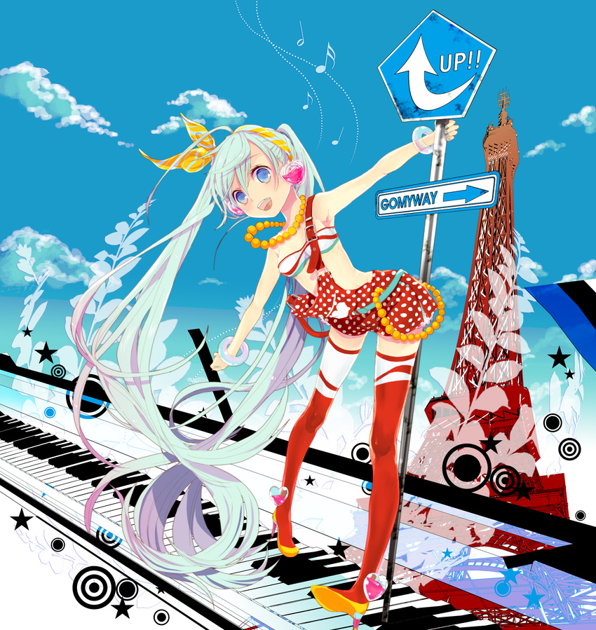 aqua_hair blue_eyes cola_miku hatsune_miku headphones high_heels highres jewelry leaning_forward long_hair looking_at_viewer musical_note necklace open_mouth piano_keys pigeon-toed shoes sign skirt solo strap_slip suspenders thighhighs twintails very_long_hair vocaloid watanabe_yuuna
