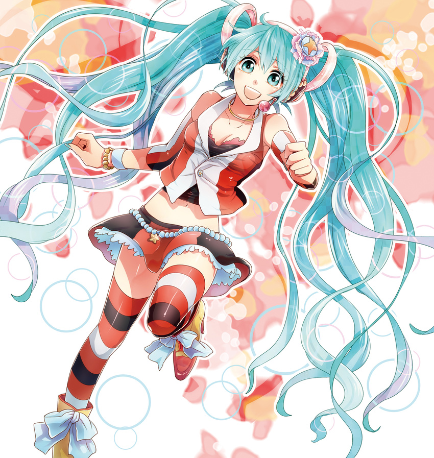 :d aqua_eyes aqua_hair bare_shoulders bracelet cola_miku detached_sleeves hatsune_miku headset highres irono_(irtyu) jewelry long_hair midriff navel necklace open_mouth skirt smile solo striped striped_legwear thighhighs twintails very_long_hair vocaloid
