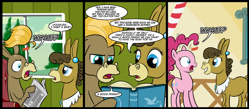 blue_eyes book comic cranky_doodle_donkey_(mlp) cutie_mark dialog dialogue donkey english_text equine female feral friendship_is_magic hair horse madmax male mammal matilda_(mlp) my_little_pony newspaper pink_hair pinkie_pie_(mlp) pony text