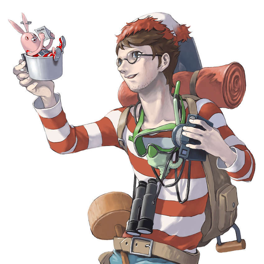 backpack bag belt binoculars brown_hair camera cup facial_hair glasses hat highres holding kirenenko long_sleeves male_focus open_mouth pamphlet pomodorosa reading shirt shovel simple_background smile snorkel solo striped striped_shirt stubble t-shirt usavich wally where's_wally white_background