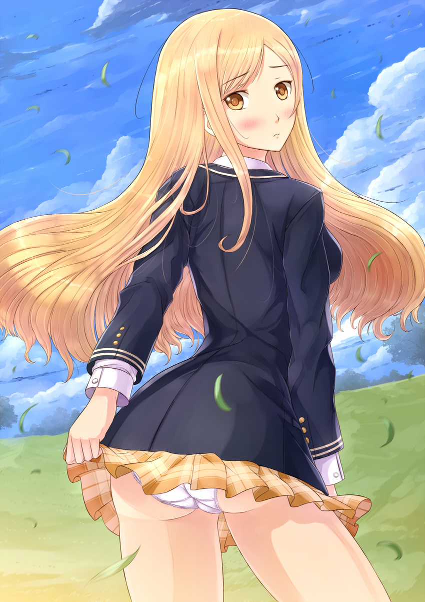 blonde_hair blush highres kazeno long_hair panties school_uniform shining_(series) shining_blade shining_wind skirt skirt_lift touka_kureha underwear wind wind_lift yellow_eyes