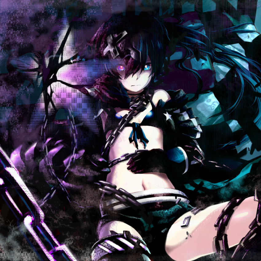 bikini_top black_gloves black_rock_shooter black_rock_shooter_(character) blue_eyes chain gloves insane_black_rock_shooter m-da_s-tarou midriff navel short_shorts shorts solo twintails