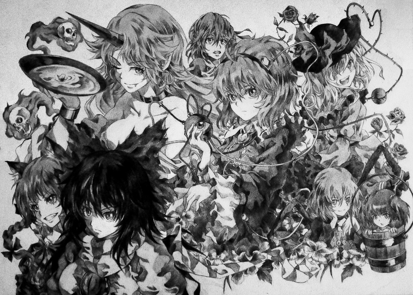 cup fang flower graphite_(medium) greyscale hair_over_one_eye highres horn hoshiguma_yuugi kaenbyou_rin kisume komeiji_koishi komeiji_satori kurodani_yamame mizuhashi_parsee monochrome multiple_girls neko_(yanshoujie) one_eye_closed reiuji_utsuho rose sakazuki skull subterranean_animism touhou traditional_media