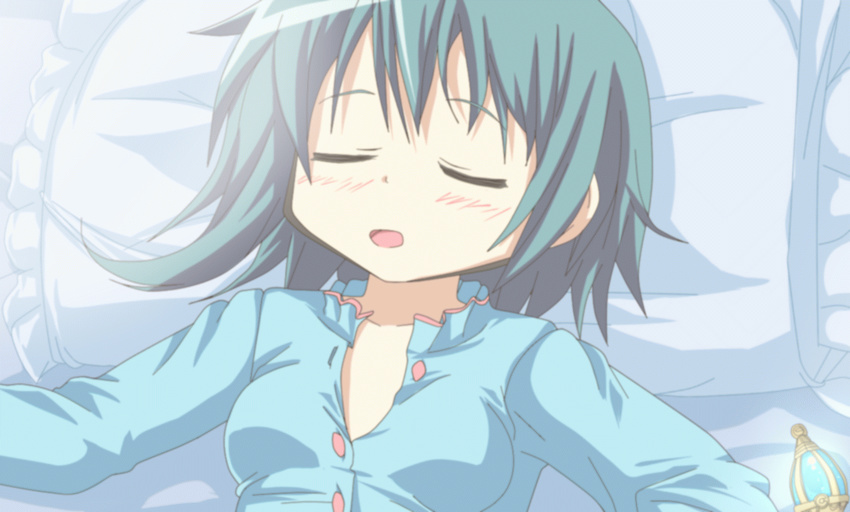 animated animated_gif bed blue_hair blush breasts breathing closed_eyes hangaku lying mahou_shoujo_madoka_magica miki_sayaka on_back on_bed open_mouth pillow short_hair sleeping small_breasts solo soul_gem upper_body