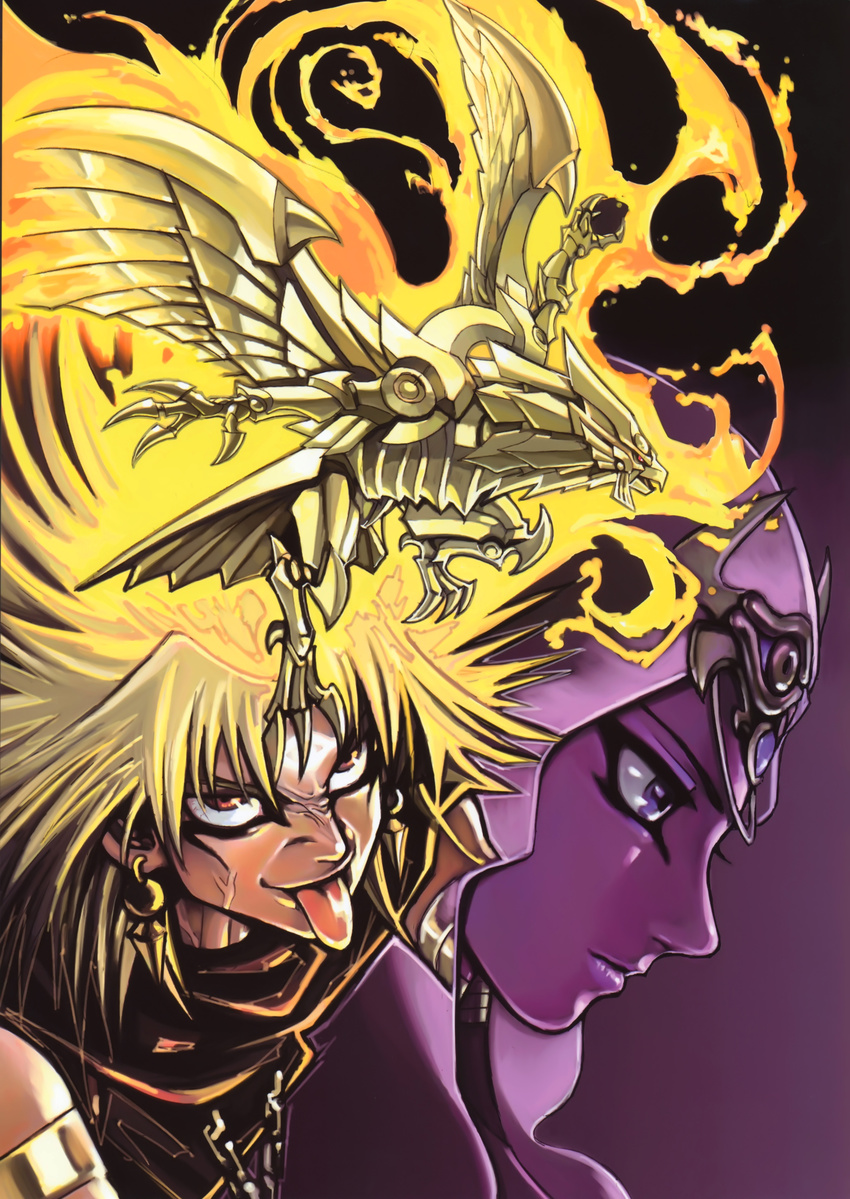 absurdres dragon duel_monster female fire gold highres ishizu_ishtar male takahashi_kazuki the_sun_dragon_ra winged_dragon_of_ra yami_marik yu-gi-oh! yuu-gi-ou_duel_monsters