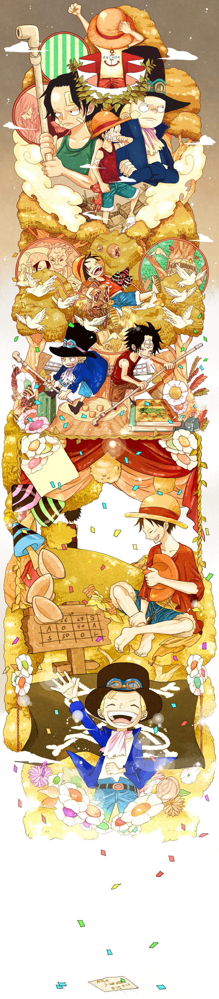 5boys absurdres bad_id bad_pixiv_id bandages bandaid black_hair blonde_hair bread closed_eyes curly_dadan dogra epaulettes flower food freckles goggles gol_d_roger grin happy hat head_scarf highres leaf long_image makino_(one_piece) meat monkey_d_luffy multiple_boys multiple_girls multiple_persona one_piece petals portgas_d_ace portgas_d_rouge sabo_(one_piece) sausage scar shirt short_hair sleeveless sleeveless_shirt smile straw_hat stuffed_animal stuffed_toy sunaya tall_image tears teddy_bear top_hat tree waving younger