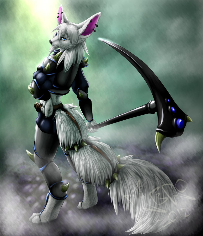 armor blue_eyes canine ear_piercing female fluffy_tail fox fur hair kero_tzuki looking_at_viewer looking_back mammal piercing scythe solo spikes whiskers white_fox white_fur white_hair