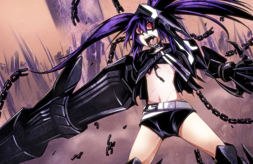 arm_cannon black_hair black_rock_shooter blue_eyes chain choker claws crazy dos_(james30226) insane_black_rock_shooter jacket midriff multicolored multicolored_eyes navel open_mouth red_eyes scar shorts solo spoilers twintails weapon