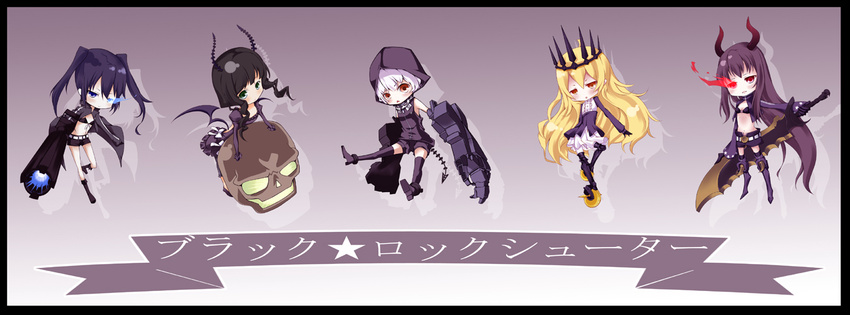 bikini_top black_gold_saw black_hair black_rock_shooter black_rock_shooter_(character) blonde_hair blue_eyes burning_eye chariot_(black_rock_shooter) chibi claws crown dead_master green_eyes horns king_saw long_hair multiple_girls natsuki_yuu_(minamino_tsuki) red_eyes scythe short_hair skull strength_(black_rock_shooter) sword twintails weapon white_hair yellow_eyes