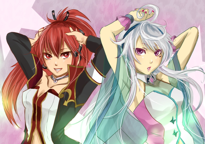 2girls ahoge arms_behind_head choker cul grin hayame_(m_ayame) headset long_hair maika_(vocaloid) multicolored_hair multiple_girls nail_polish pink_eyes red_hair red_nails shirt sidelocks sleeveless sleeveless_shirt smile tattoo two-tone_hair upper_body very_long_hair vocaloid white_hair