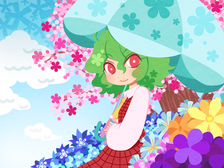 ascot cherry_blossoms dress flower green_hair hijiri_(xxhizirixx) kazami_yuuka looking_at_viewer plaid plaid_dress red_eyes smile solo touhou tree umbrella