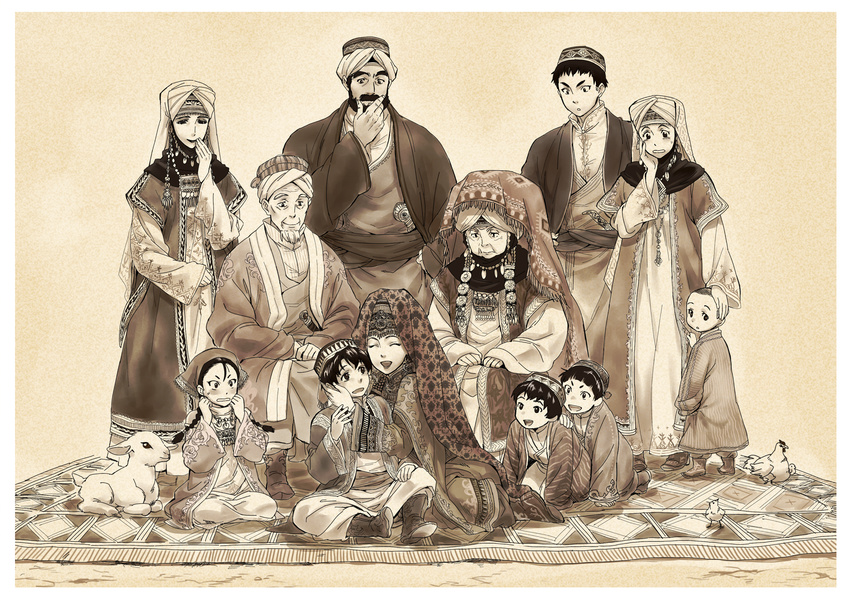 6+boys akunbek amira annotated bad_id bad_pixiv_id balkirsh bird boots braid brother_and_sister brothers carpet chalg chicken family father_and_daughter father_and_son group_picture headdress highres hug husband_and_wife indesign jewelry karluk long_hair mahatbek monochrome mother_and_daughter mother_and_son multiple_boys multiple_girls otoyomegatari rostem sanira seleke sepia sheep siblings smile tileke tokcan yusuf