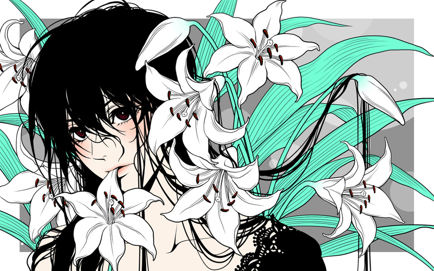 black_hair flat_color flower kayu lily_(flower) messy_hair mouth_hold original red_eyes solo