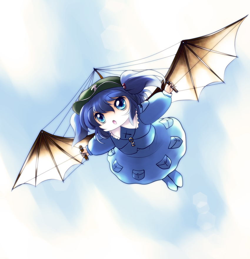 aircraft blue_eyes blue_hair fang glider hair_bobbles hair_ornament hat highres kawashiro_nitori key mechanical_wings pocket short_hair solo touhou twintails two_side_up wings yume_shokunin