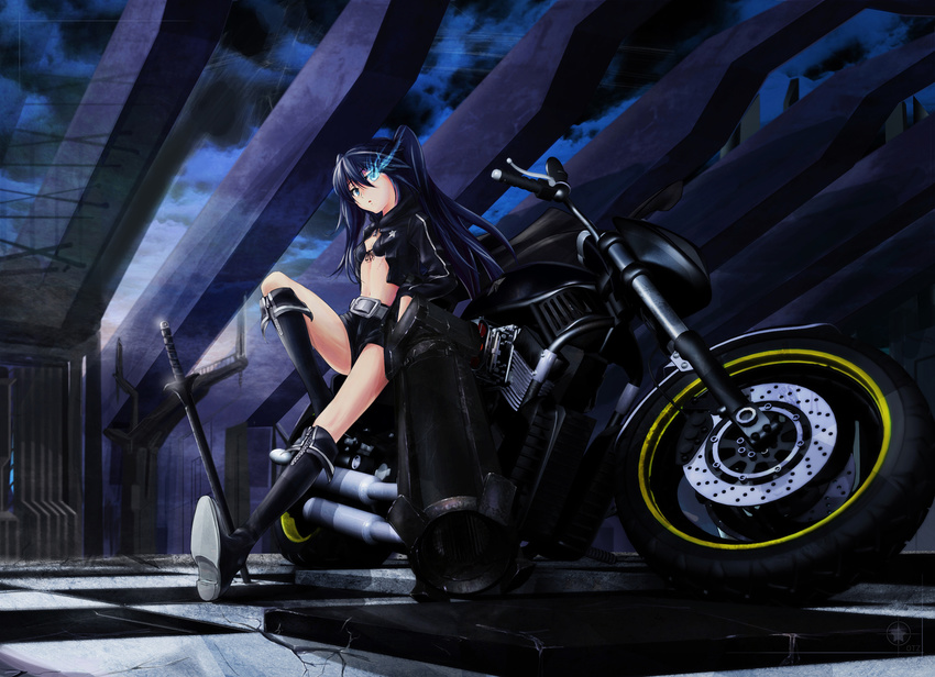 arm_cannon belt bikini_top black_hair black_rock_shooter black_rock_shooter_(character) blue_eyes boots burning_eye checkered checkered_floor coat from_below ground_vehicle highres huge_weapon knee_boots long_hair midriff motor_vehicle motorcycle navel scar shorts solo star sword twintails ushas weapon