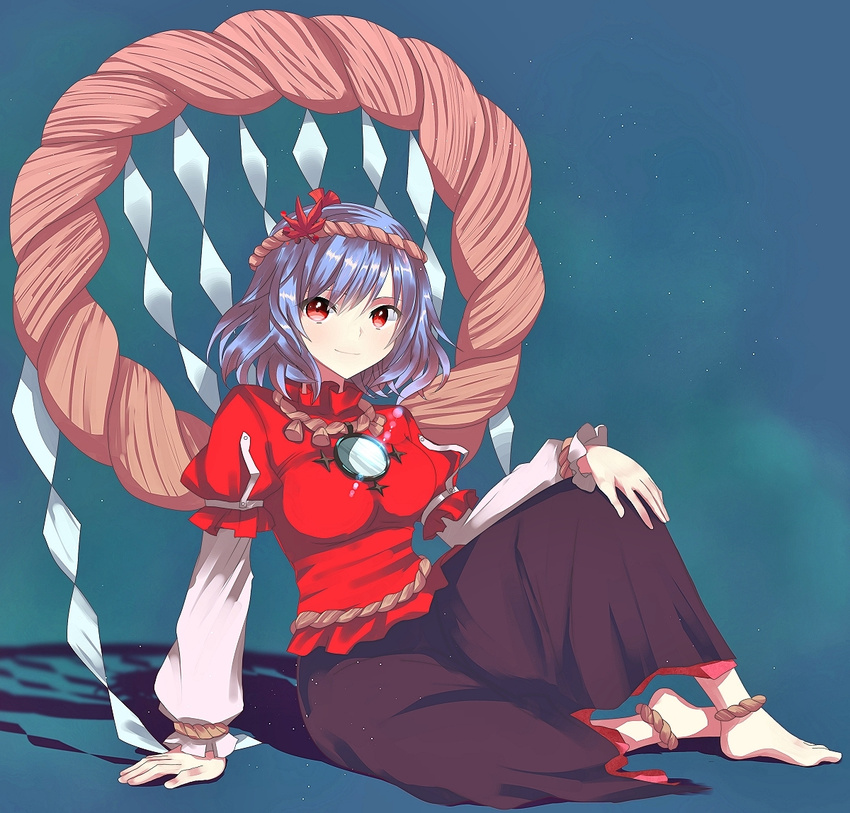 anklet arm_support bad_id bad_pixiv_id barefoot blue_hair breasts chirosuke feet hair_ornament jewelry large_breasts leaf mirror on_floor red_eyes rope shide shimenawa sitting smile solo touhou yasaka_kanako