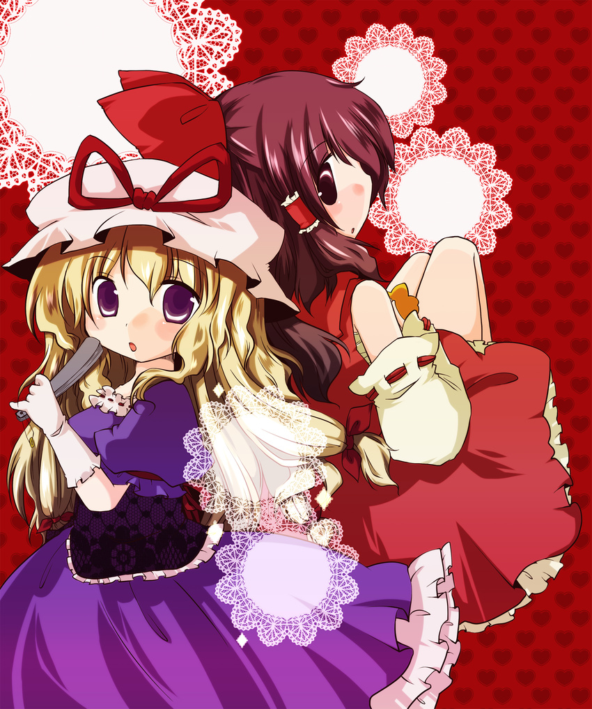 blonde_hair bow brown_eyes brown_hair detached_sleeves fan futami_yayoi gloves hair_bow hakurei_reimu hat highres long_hair multiple_girls purple_eyes ribbon touhou white_gloves yakumo_yukari