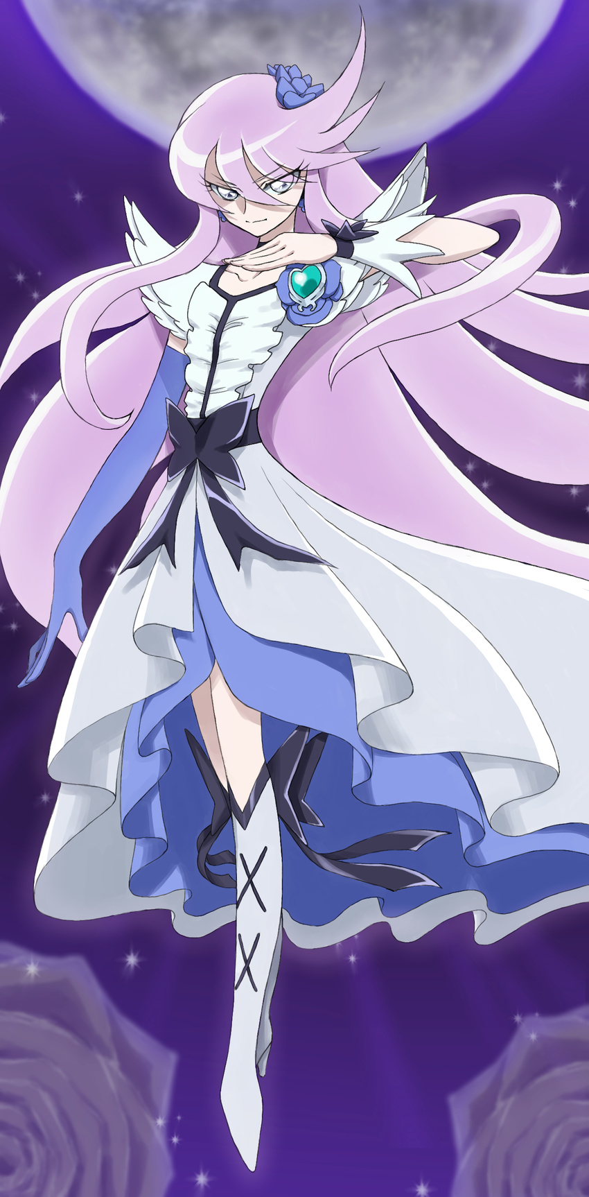 absurdres asymmetrical_clothes blue_eyes blue_flower blue_rose boots bow choker cure_moonlight dress earrings elbow_gloves eyelashes flower gloves hair_flower hair_ornament heart heartcatch_precure! highres jewelry knee_boots long_hair magical_girl precure purple purple_hair ribbon rose shijou_yukimasa single_elbow_glove single_glove solo tsukikage_yuri very_long_hair wrist_cuffs