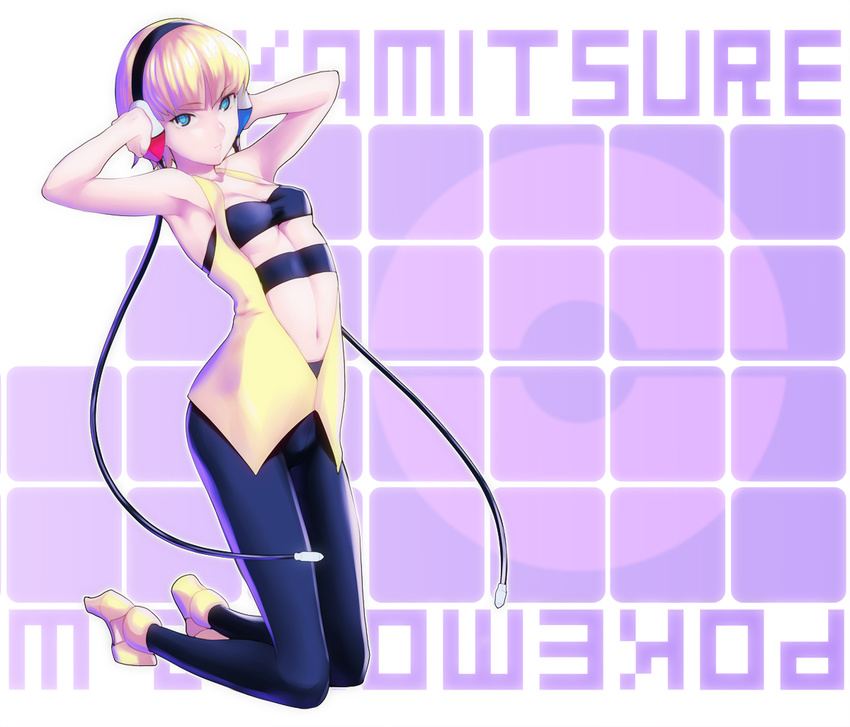 armpits bad_id bad_pixiv_id bandeau bangs bare_shoulders black_legwear blonde_hair blue_eyes breasts cable center_opening character_name checkered checkered_background cleavage copyright_name expressionless gym_leader halterneck hands_on_headphones headphones high_heels kaida_bola kamitsure_(pokemon) kneeling leaning_back looking_at_viewer midriff navel pantyhose perky_breasts poke_ball pokemon pokemon_(game) pokemon_bw purple_background shirt shoes short_hair small_breasts solo strapless taut_clothes taut_shirt tubetop underboob