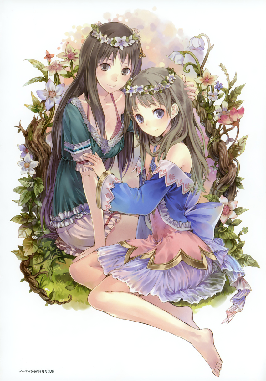 absurdres atelier_(series) atelier_totori barefoot blue_eyes blue_sleeves breasts brown_eyes brown_hair cecilia_helmold cleavage feet flower grey_hair highres kishida_mel long_hair medium_breasts multiple_girls official_art sitting smile totooria_helmold wreath