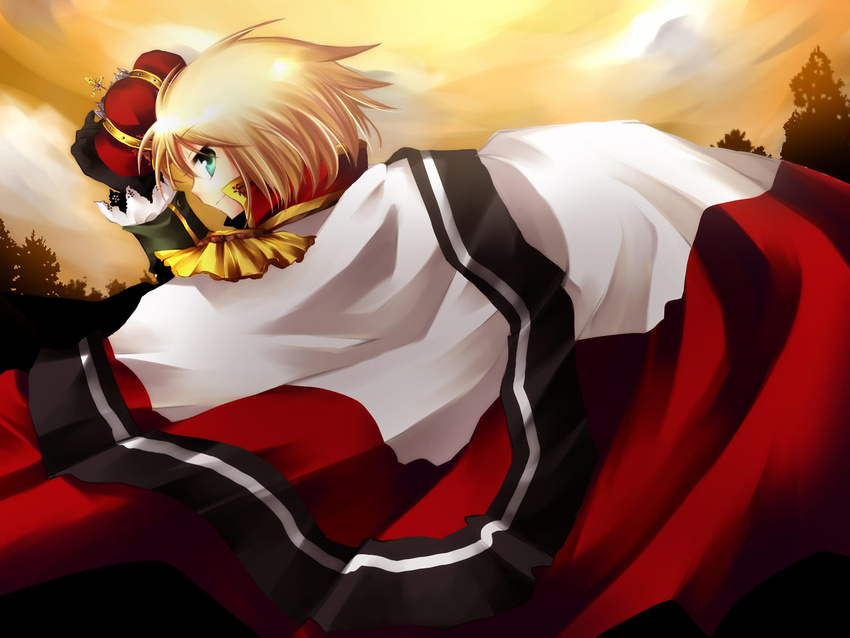 aplerichi axis_powers_hetalia bad_id bad_pixiv_id blonde_hair cape crown from_behind gloves green_eyes king light_smile looking_back poland_(hetalia) short_hair sky smile solo tree