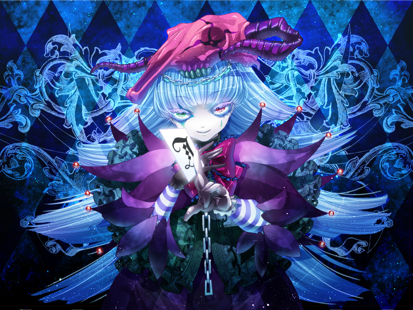 argyle argyle_background blue_hair card chain checkered checkered_background facepaint gloves green_eyes heterochromia holding holding_card long_hair original red_eyes rinko_(mg54) skull solo striped