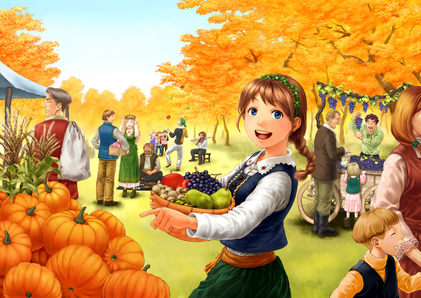 anbe_yoshirou autumn bad_id bad_pixiv_id basket blue_eyes braid crowd festival food fruit grapes hair_ornament head_wreath juggling open_mouth original pear pointing pumpkin short_hair single_braid smile solo tree