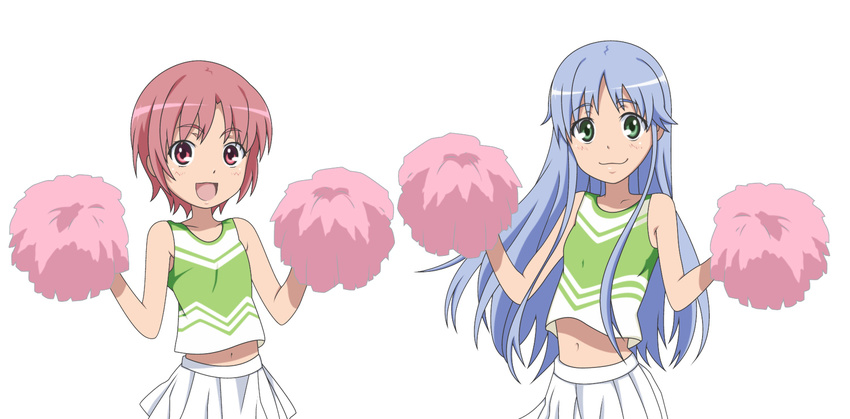 blue_hair cheerleader face green_eyes index long_hair multiple_girls navel pink_eyes pink_hair pom_poms short_hair smile_(rz) to_aru_majutsu_no_index tsukuyomi_komoe