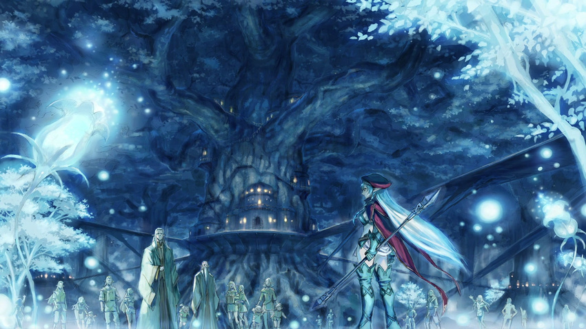 alleyne_(queen's_blade) back blonde_hair bridge elbow_gloves elf flower forest gloves hat highres long_hair nature pointy_ears queen's_blade robe screencap tree treehouse village