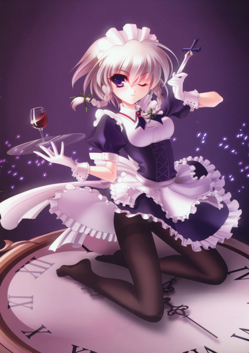 alcohol braid cup drinking_glass gloves highres izayoi_sakuya kneeling knife maid maid_headdress non-web_source one_eye_closed oversized_object pantyhose s-yin short_hair silver_hair solo touhou twin_braids white_gloves wine wine_glass