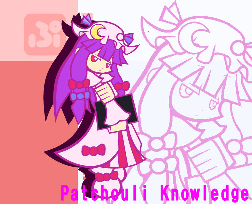 bow character_name chibi crescent hat long_hair parody patchouli_knowledge pink_bow purple_hair puyopuyo puyopuyo_fever red_eyes solo style_parody touhou y&amp;k zoom_layer