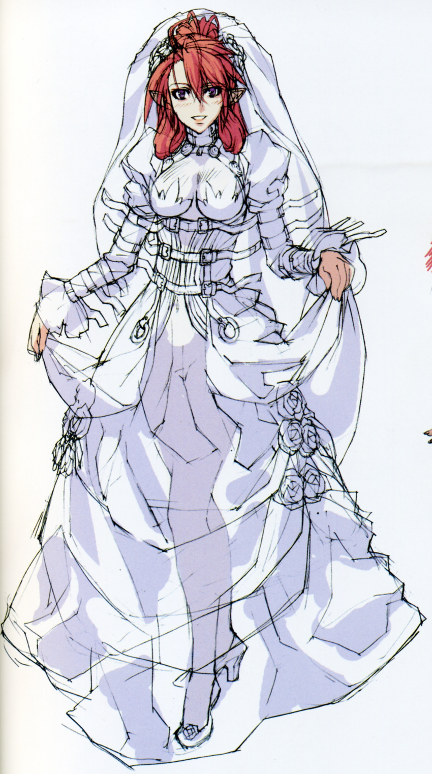 absurdres bride dress elf highres ignis jingai_makyou nishii_(nitroplus) non-web_source pointy_ears red_hair solo wedding_dress