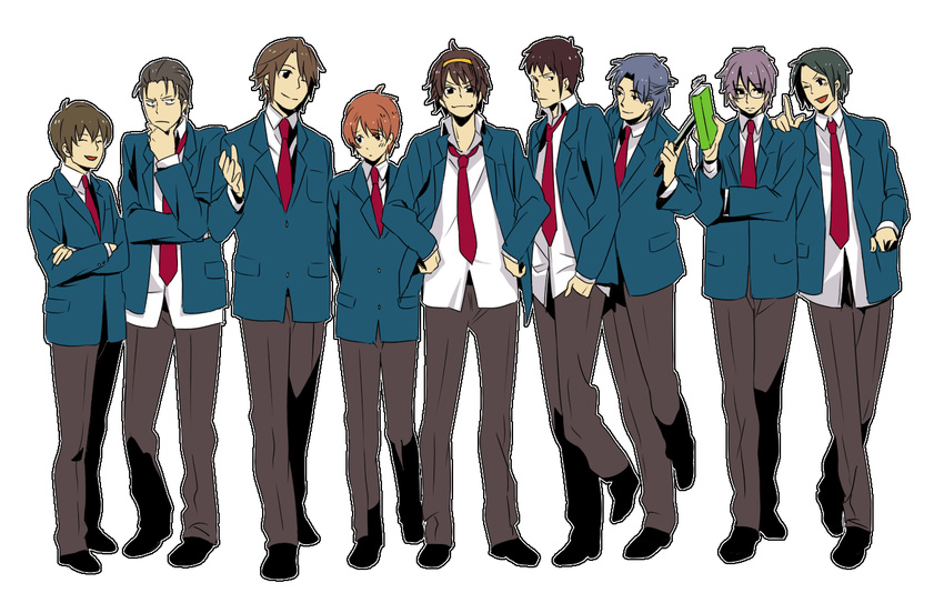 aarue asahina_mitsuru asakura_ryou book genderswap genderswap_(ftm) kita_high_school_uniform knife koizumi_itsuki kunikida kyon male_focus multiple_boys nagato_yuuki necktie non-web_source school_uniform suzumiya_haruhi_no_yuuutsu suzumiya_haruhiko taniguchi tsuruya-senpai