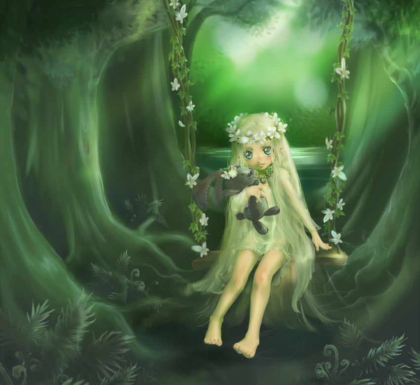 bad_id bad_pixiv_id barefoot blonde_hair blue_eyes blush bunny elf flower forest head_wreath jewelry long_hair looking_at_viewer mogeta_(jirotama88) nature necklace nightgown original pointy_ears sitting smile solo stuffed_animal stuffed_toy swing