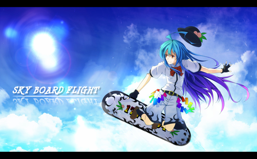 ahoge bad_id bad_pixiv_id blue_hair board cloud fingerless_gloves food fruit gloves hat hat_removed headwear_removed hinanawi_tenshi letterboxed long_hair pandora-ex peach red_eyes shorts sky sky_surfing skyboard smile solo touhou