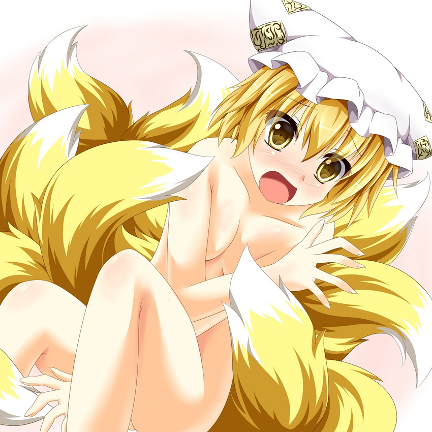 bad_id bad_pixiv_id between_legs blonde_hair blush covering embarrassed fox_tail hand_between_legs hat highres kmkm9696 multiple_tails nude ofuda open_mouth short_hair solo tail touhou yakumo_ran yellow_eyes