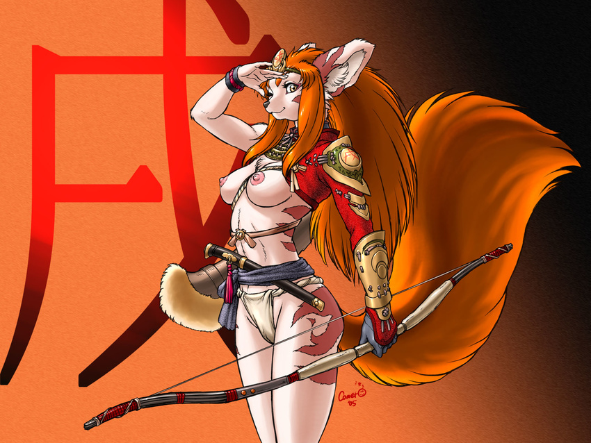 armor bow bow_(weapon) bracelet breasts canine clothed clothing dr_comet female fox fundoshi hair half-dressed headband jewelry knife looking_at_viewer mammal nipples one_eye_closed ranged_weapon red_hair sash smile solo topless unconvincing_armor underwear weapon wink yellow_eyes