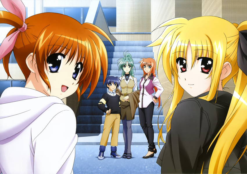 4girls absurdres arf belt blonde_hair blue_eyes blue_hair breasts casual chrono_harlaown facial_mark fang fashion fate_testarossa forehead_jewel forehead_mark green_eyes green_hair hair_intakes highres jacket jacket_removed lindy_harlaown long_hair looking_at_viewer lyrical_nanoha mahou_shoujo_lyrical_nanoha mahou_shoujo_lyrical_nanoha_a's mature mother_and_son multiple_girls official_art okuda_yasuhiro open_mouth orange_hair pantyhose ponytail purple_eyes purple_legwear red_eyes red_hair shoes short_hair skirt small_breasts smile stairs takamachi_nanoha twintails vest