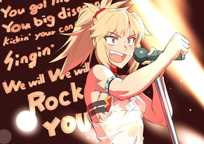 1girl blonde_hair clenched_hand commentary_request fate/grand_order fate_(series) grey_eyes lyrics microphone mikoyan mordred_(fate) mordred_(fate)_(all) music open_mouth ponytail queen_(band) red_scrunchie scrunchie shirt singing solo upper_body wet wet_clothes wet_shirt