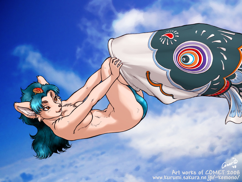 4:3 amber_eyes blue_hair breasts canine carp_streamer cat cloud dr_comet feline female hair hi_res mammal nude windsock