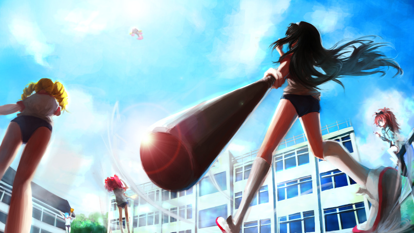 akemi_homura arms_up baseball_bat baseball_mitt black_hair blackrabbitsoul blue_hair bow buruma casual day drill_hair from_below gym_uniform hair_bow homerun hood hoodie kaname_madoka kyubey lens_flare long_hair mahou_shoujo_madoka_magica miki_sayaka multiple_girls outdoors perspective pink_hair ponytail pun red_hair sakura_kyouko school shoes short_hair short_twintails sitting sky standing tomoe_mami twin_drills twintails white_legwear