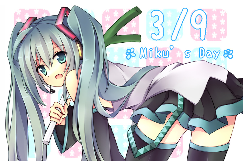 39 bad_id bad_pixiv_id bent_over character_name dated detached_sleeves green_eyes green_hair hatsune_miku headset highres long_hair mikupa nikuma open_mouth skirt solo thighhighs twintails very_long_hair vocaloid