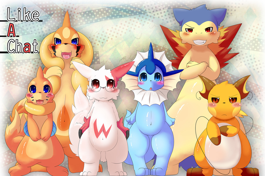 blue_eyes blush buizel eeveelution female fire floatzel kify male nintendo nusasasa open_mouth pok&#233;mon pok&eacute;mon raichu red_eyes smile solo standing typhlosion vaporeon video_games zangoose