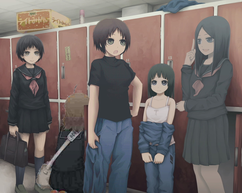 ahoge bag bangs black_hair black_serafuku blue_eyes box brown_eyes brown_hair cardboard_box commentary dithering fading gif_artifacts green_eyes indoors jpeg_artifacts kneeling locker locker_room long_sleeves miniskirt multiple_girls open_mouth original parted_bangs pleated_skirt school_uniform serafuku short_hair short_sleeves skirt standing sticker undressing yajirushi_(chanoma)