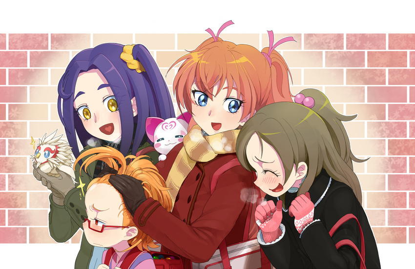 bird breath brick_wall coat eyelashes gloves hair_ornament half_updo highres houjou_hibiki hummy_(suite_precure) kurokawa_eren minamino_kanade moudoku_(decopon3rd) multiple_girls noise_(suite_precure) p-chan_(suite_precure) precure running_bond scarf seiren_(suite_precure) shirabe_ako suite_precure wall winter winter_clothes