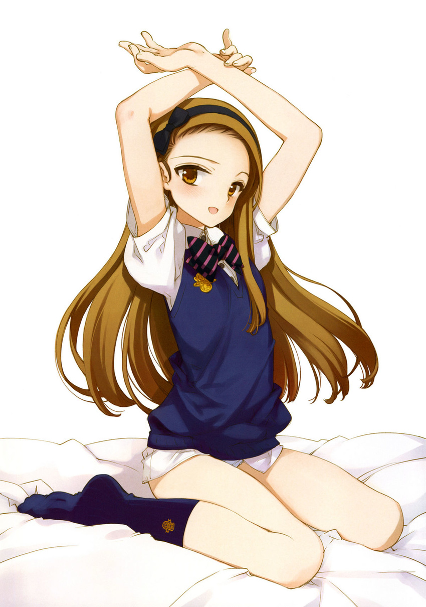 :d arms_up blush brown_eyes brown_hair flat_chest forehead hairband highres idolmaster idolmaster_(classic) legs long_hair long_legs looking_at_viewer minase_iori no_pants ooyari_ashito open_mouth panties ribbon school_uniform shirt smile socks solo thighs underwear