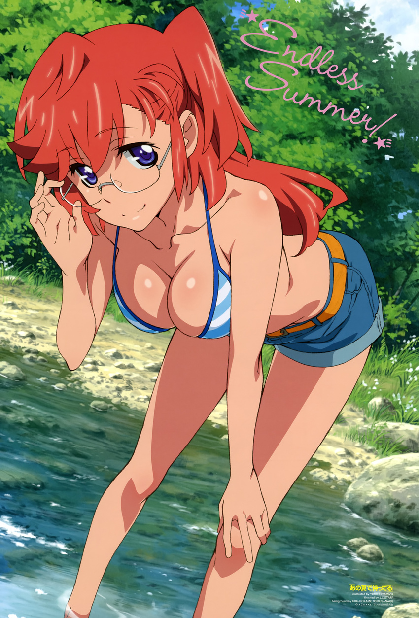 absurdres adjusting_eyewear ano_natsu_de_matteru bare_legs bare_shoulders belt bent_over bikini bikini_top blue_eyes breasts cleavage collarbone day duplicate dutch_angle english glasses hand_on_own_knee highres hiyamizu_yukie large_breasts long_legs looking_at_viewer newtype official_art one_side_up red_hair river scan short_shorts shorts smile solo striped striped_bikini swimsuit takatsuki_ichika wading