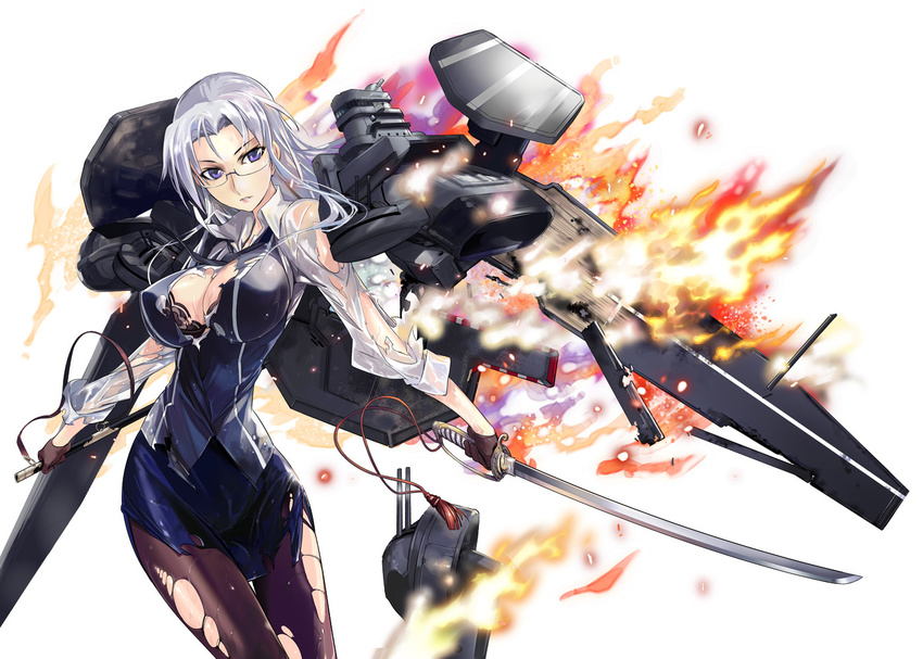 aircraft_carrier battleship_girl black_dress bra breasts cleavage cover cover_page dress explosion fire flame glasses grey_hair hiryuu_(battleship_girl) katana lace lace-trimmed_bra large_breasts looking_at_viewer mecha_musume military military_vehicle non-web_source pantyhose purple_eyes sheath ship simple_background sword torn_clothes torn_legwear underwear warship watercraft weapon white_background white_hair world_war_ii zeco