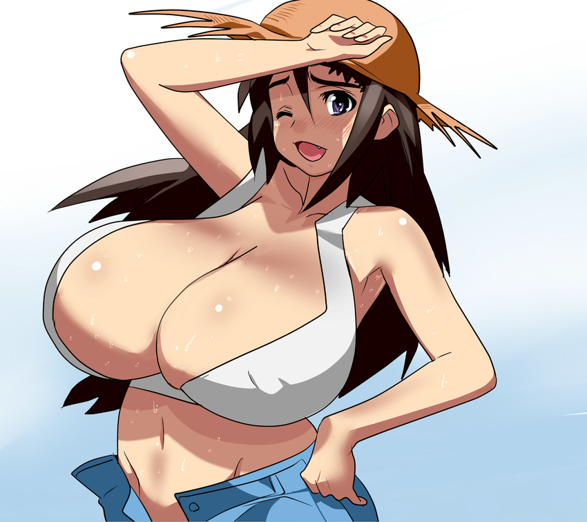 1girl breasts brown_hair cleavage female gigantic_breasts hat highres hot long_hair mound_of_venus navel no_panties open_clothes open_mouth original purple_eyes simple_background solo standing sweat tamanegiya the_page_of_boobs upper_body wink